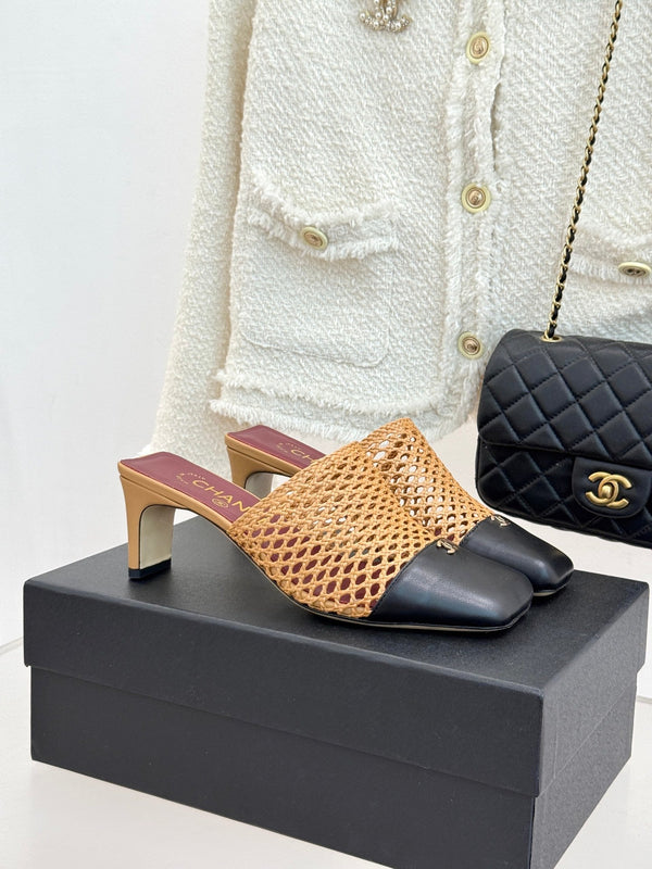 CC Woven Square-Toe Mules Tan Black Leather 887979