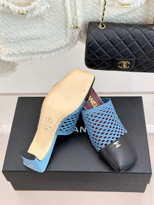 CC Woven Square-Toe Mules Blue Black Leather 887978