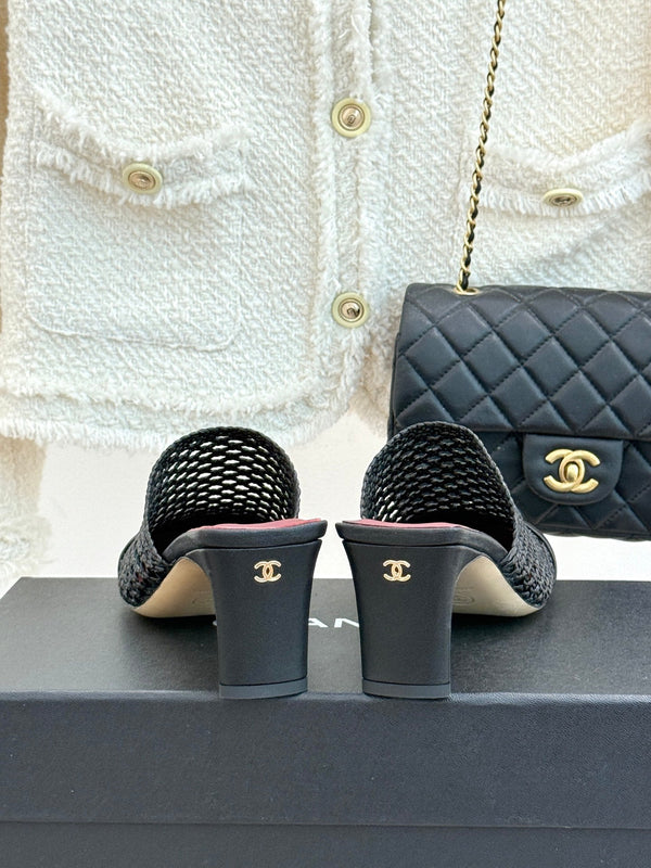 CC Woven Square-Toe Mules Black Leather 887977