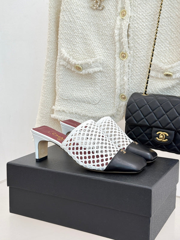 CC Woven Square-Toe Mules White Black Leather 887976