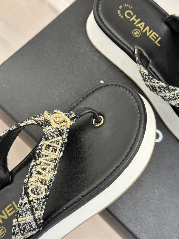 CC Crystal Logo Platform Thong Sandals Black Tweed 887786