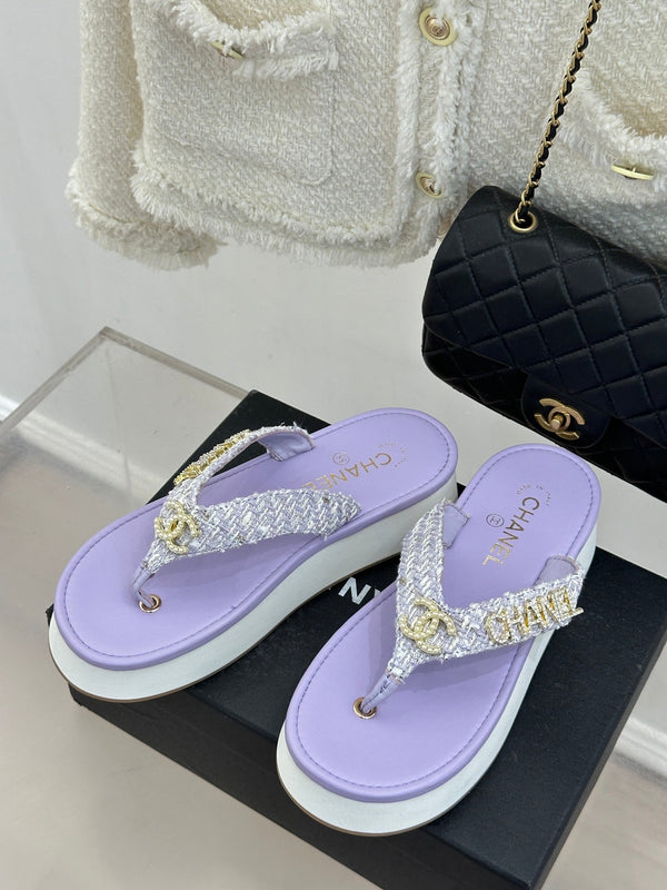CC Crystal Logo Platform Thong Sandals Purple Tweed 887783