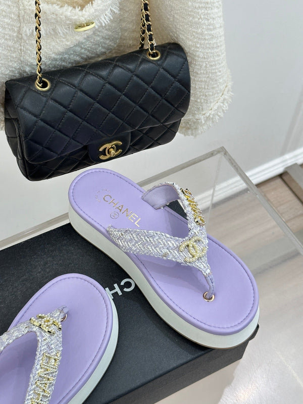 CC Crystal Logo Platform Thong Sandals Purple Tweed 887783