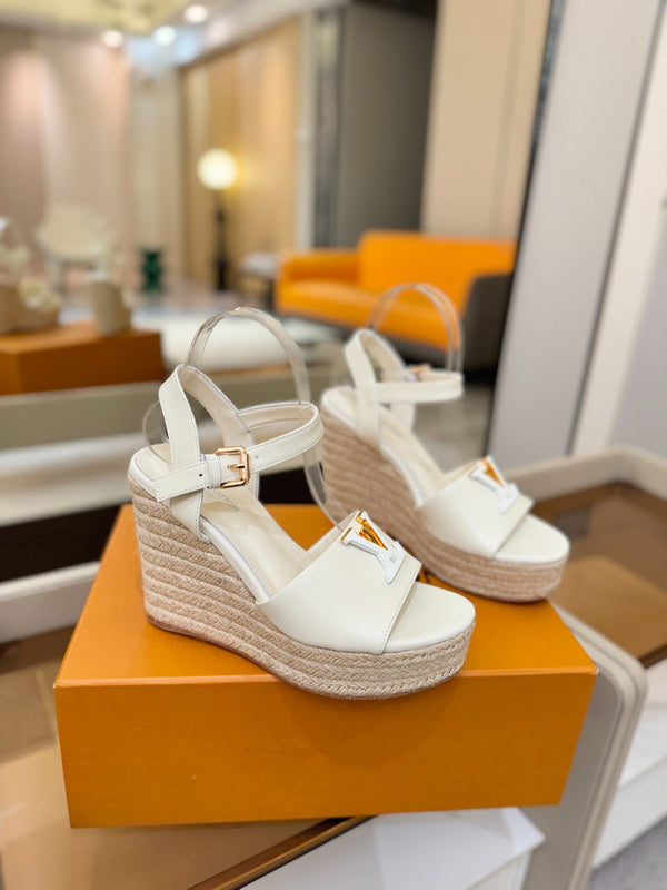 LV Platform Espadrille Wedge Sandals White Cowhide Leather 888647