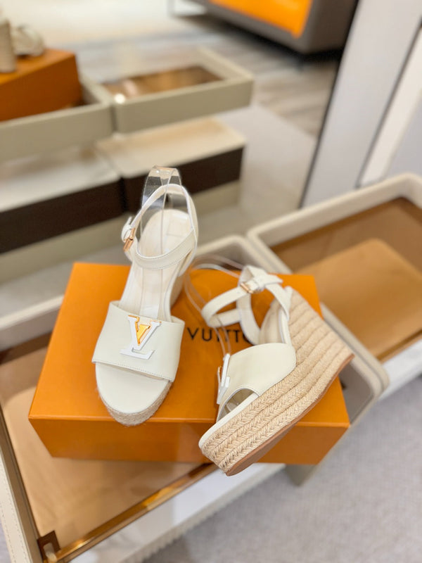 LV Platform Espadrille Wedge Sandals White Cowhide Leather 888647