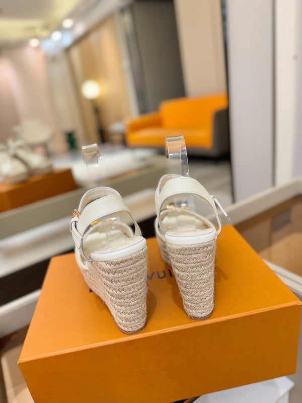 LV Platform Espadrille Wedge Sandals White Cowhide Leather 888647