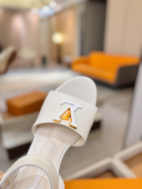 LV Platform Espadrille Wedge Sandals White Cowhide Leather 888647