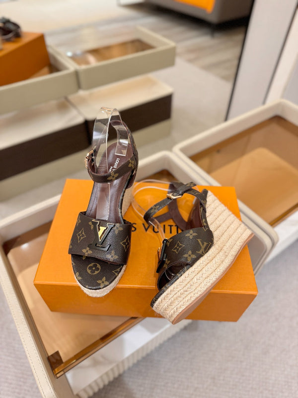 LV Starboard Wedge Sandals Brown Monogram Leather 888646
