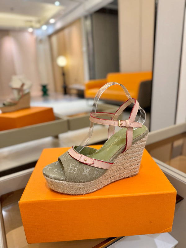 LV Helios Wedge Sandals Olive Green Monogram Denim & Leather 888645