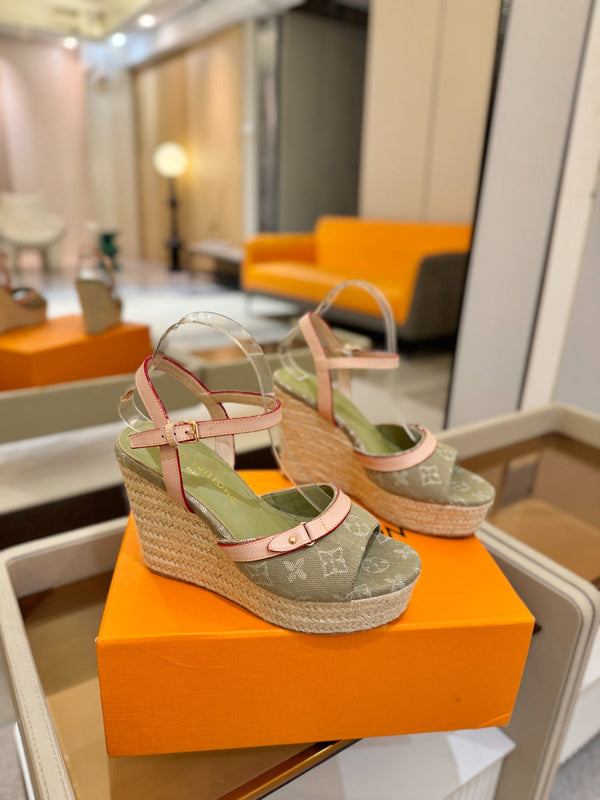 LV Helios Wedge Sandals Olive Green Monogram Denim & Leather 888645