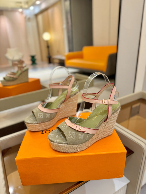 LV Helios Wedge Sandals Olive Green Monogram Denim & Leather 888645