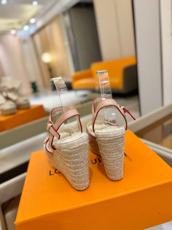 LV Helios Wedge Sandals Cream Monogram Denim & Leather 888644
