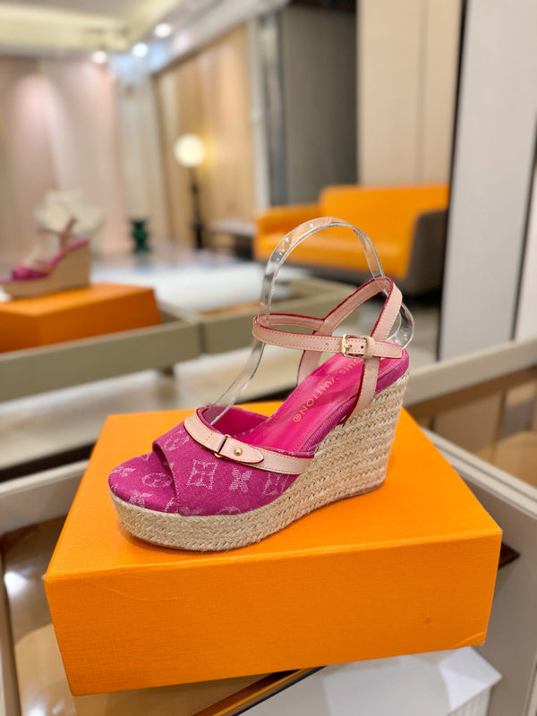 LV Helios Wedge Sandals Pink Monogram Denim & Leather 888643