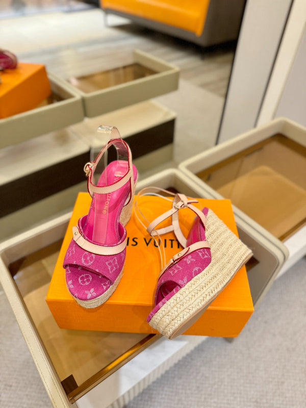 LV Helios Wedge Sandals Pink Monogram Denim & Leather 888643