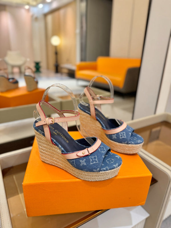 LV Helios Wedge Sandals Blue Monogram Denim & Leather 888642