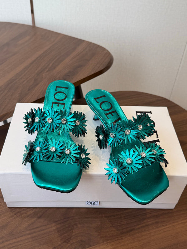 Loew Paula's Ibiza Petal Flower Sandals Metallic Turquoise Leather 889901