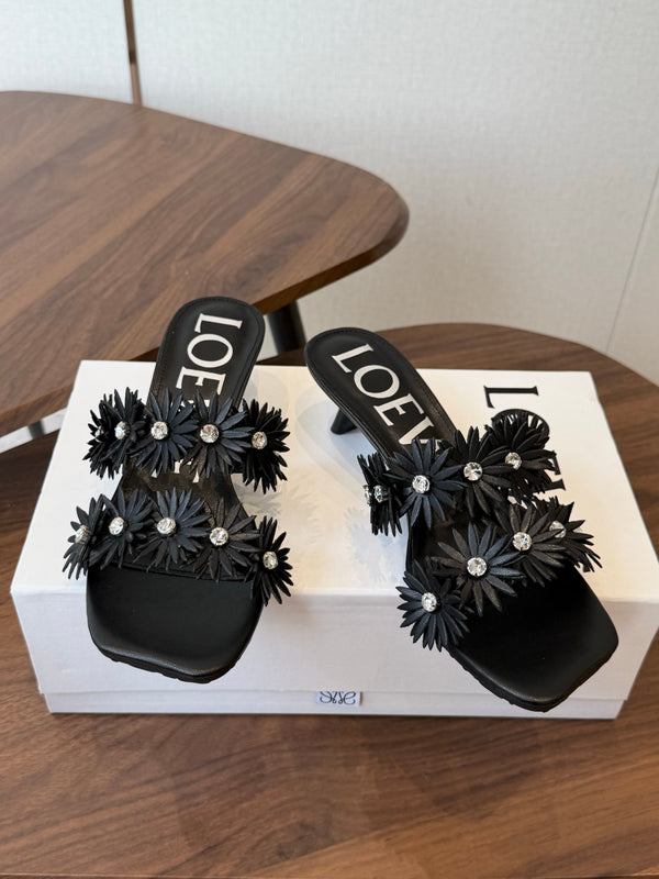 Loew Paula's Ibiza Petal Flower Sandals Black Leather 889899