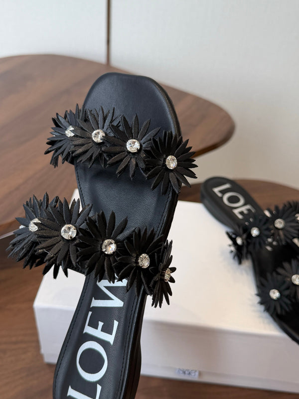 Loew Paula's Ibiza Petal Flower Flat Sandals Black Leather 889891