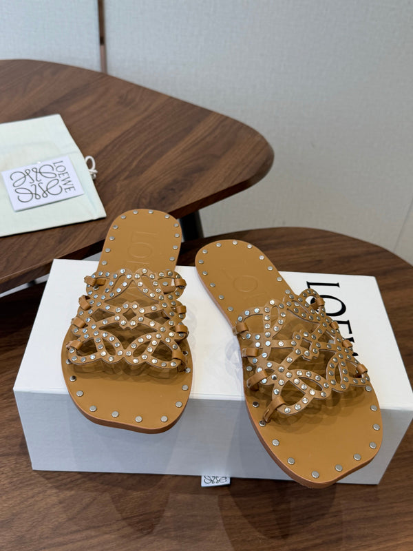 Loew Studded Square Toe Flat Slides Camel Leather 889889