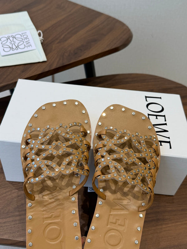 Loew Studded Square Toe Flat Slides Camel Leather 889889