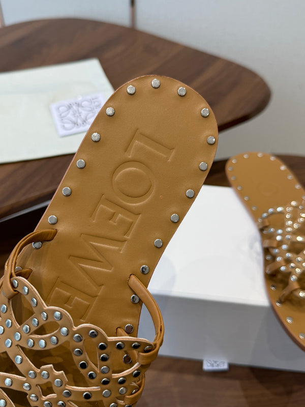 Loew Studded Square Toe Flat Slides Camel Leather 889889