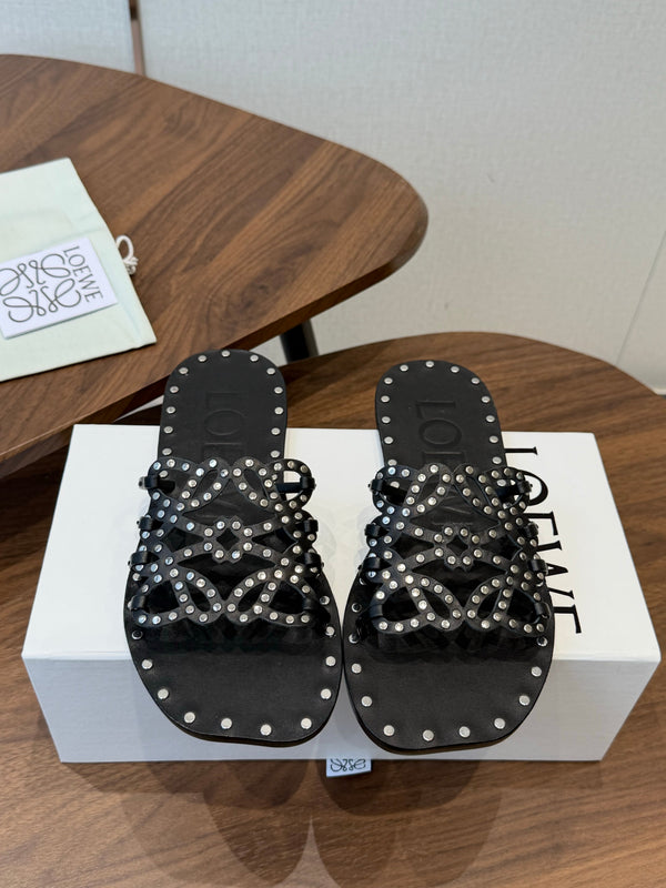 Loew Studded Square Toe Flat Slides Black Leather 889888