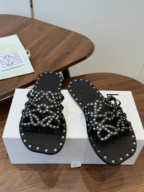 Loew Studded Square Toe Flat Slides Black Leather 889888