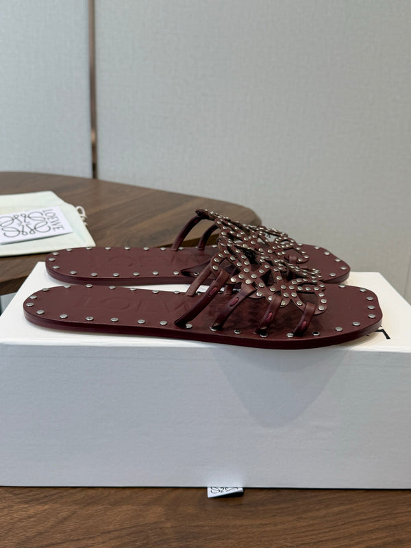 Loew Studded Square Toe Flat Slides Burgundy Leather 889886