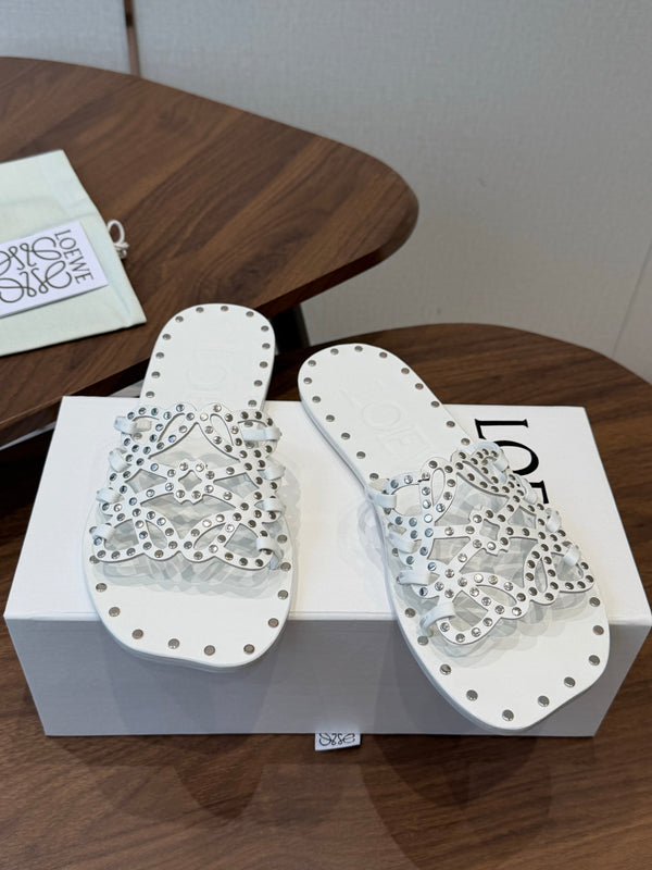 Loew Studded Square Toe Flat Slides White Leather 889887