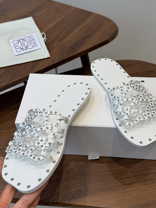 Loew Studded Square Toe Flat Slides White Leather 889887