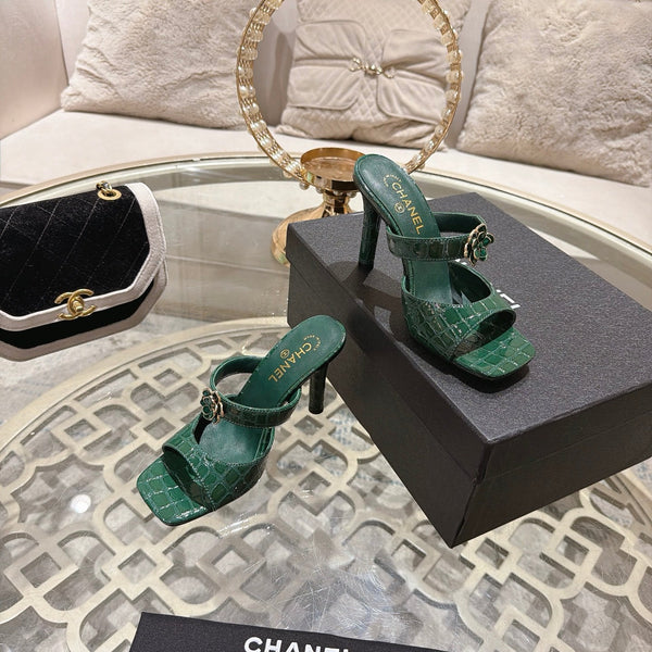 CC 26A Camellia Double C Square Toe Mules 10cm Green Stone-Grain Cowhide 890674