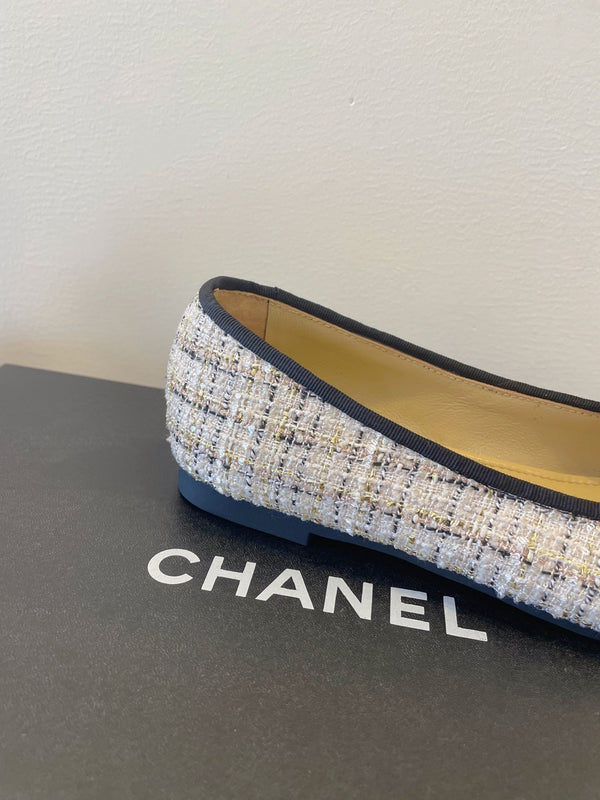 CC 26P Ballet Flats Beige Black Tweed & Patent Leather 890837