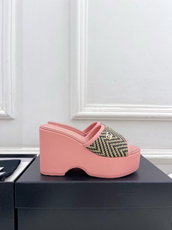 CC Double C Platform Wedge Mules 10cm Pink Tweed 891786