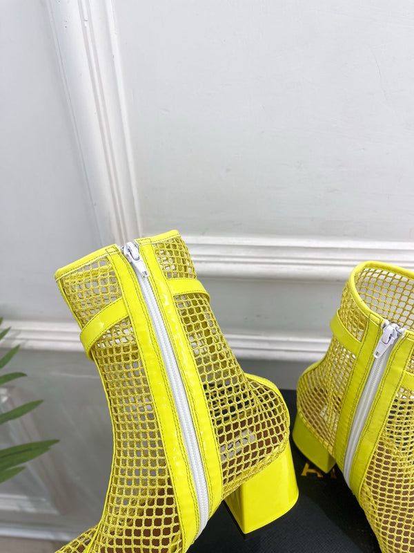 Alaia Boots 5.5cm Fishnet Ankle Boots Yellow Mesh Patent Leather 892044
