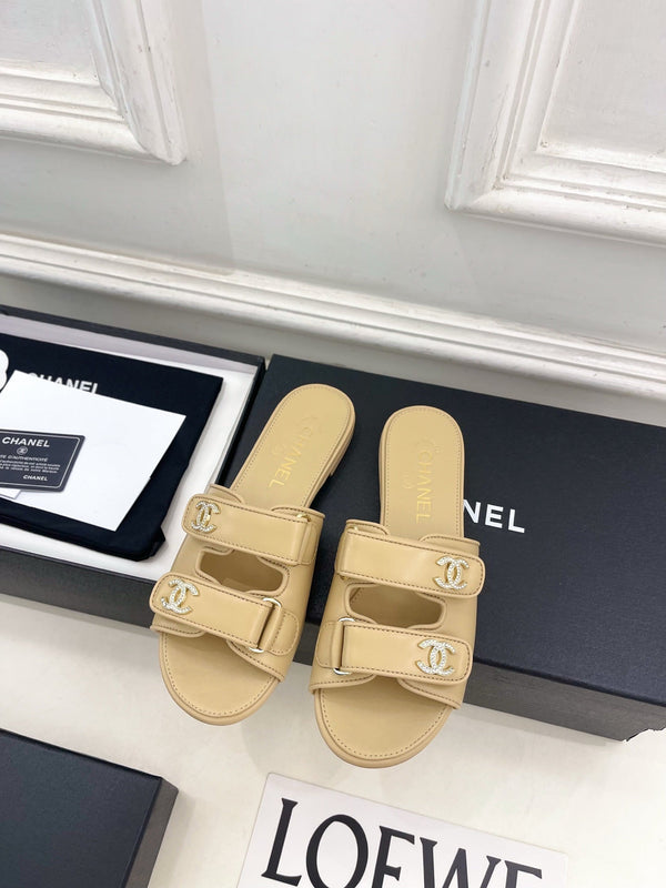 CC Crystal Double C Velcro Flat Mules Beige Lambskin 891667