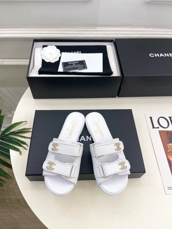 CC Crystal Double C Velcro Flat Mules White Lambskin 891663