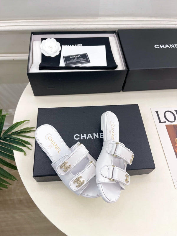 CC Crystal Double C Velcro Flat Mules White Lambskin 891663