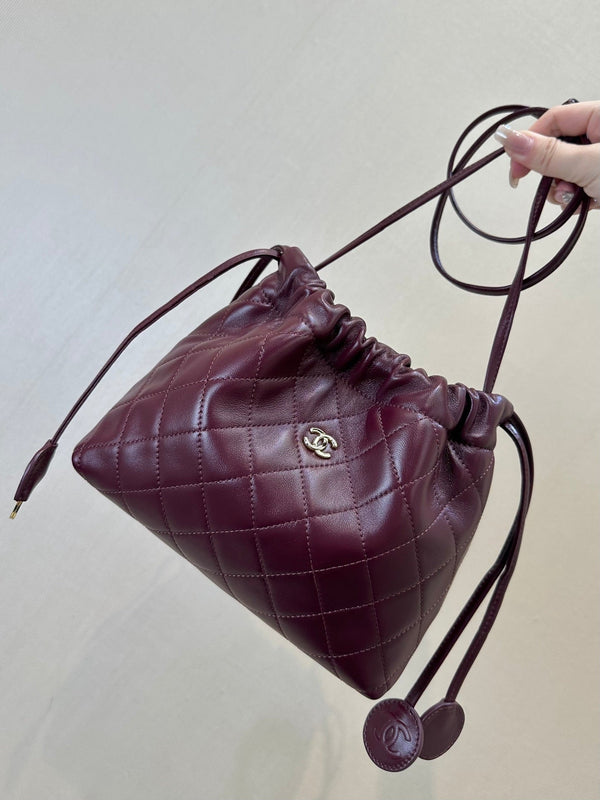 CC Drawstring Bag 22cm Burgundy Lambskin Leather