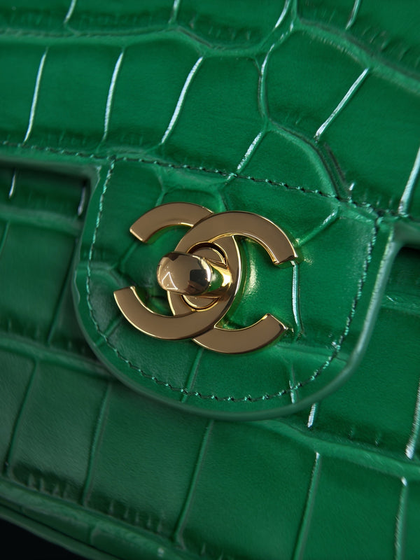 CC Mini Flap Bag with Top Handle Green Crocodile Embossed Calfskin
