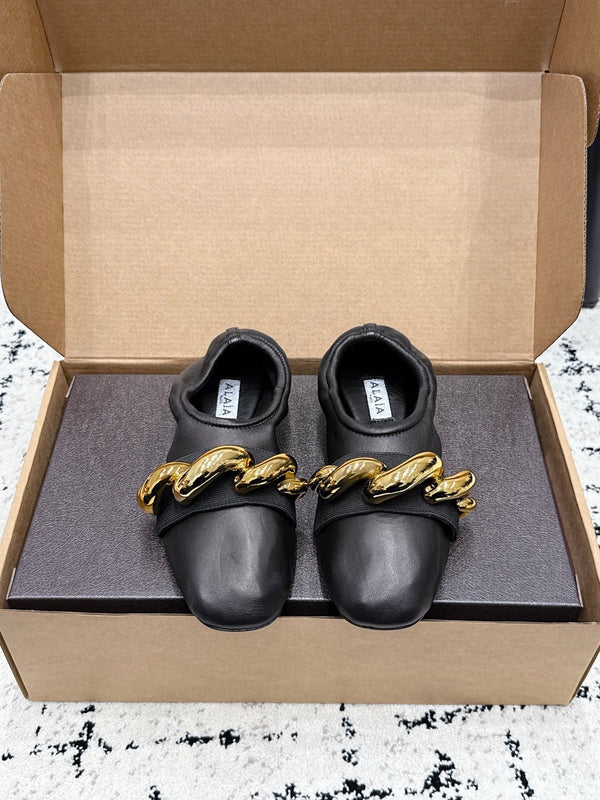 Alai Chain GHW Ballet Flats Black Cowhide Leather 880773
