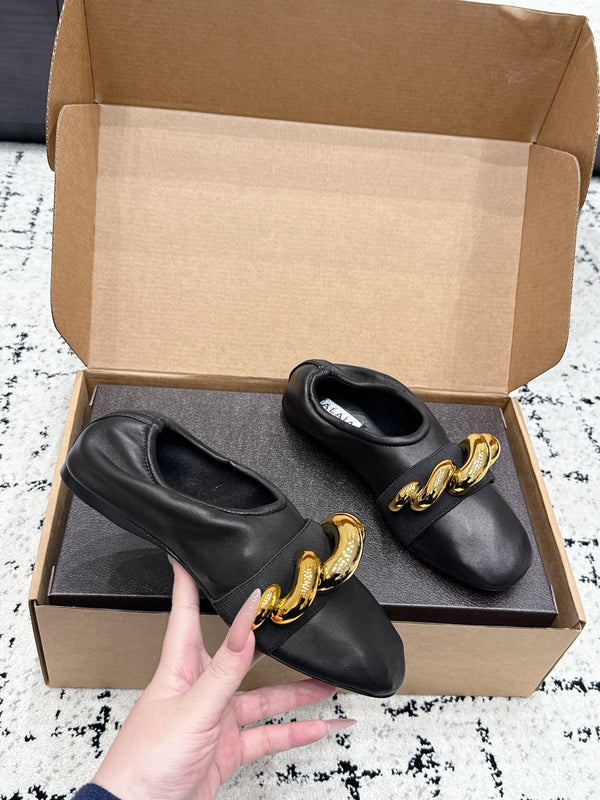 Alai Chain GHW Ballet Flats Black Cowhide Leather 880773
