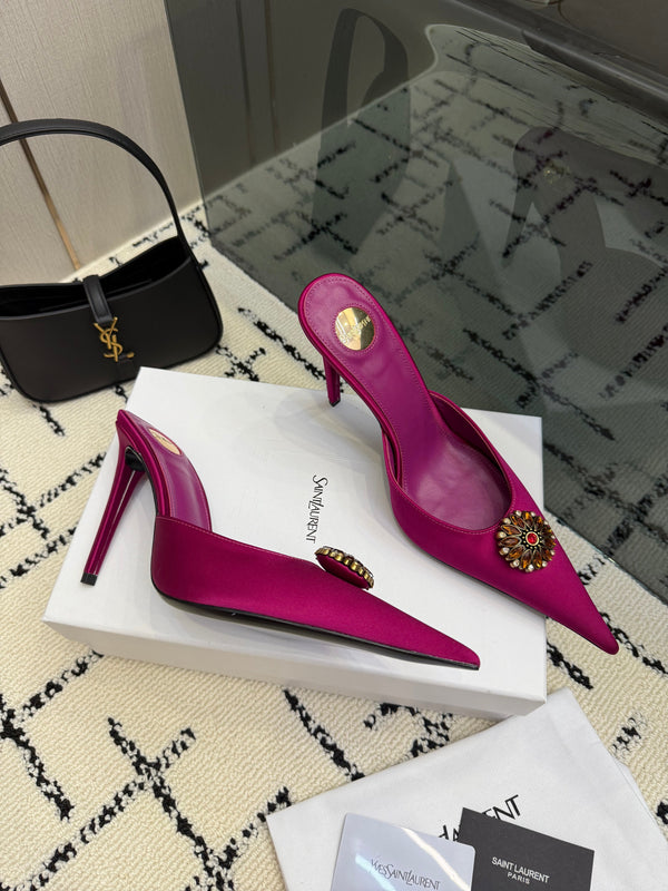 YSL Cosmo Crystal Mules 100mm Pink Calfskin Leather 894618