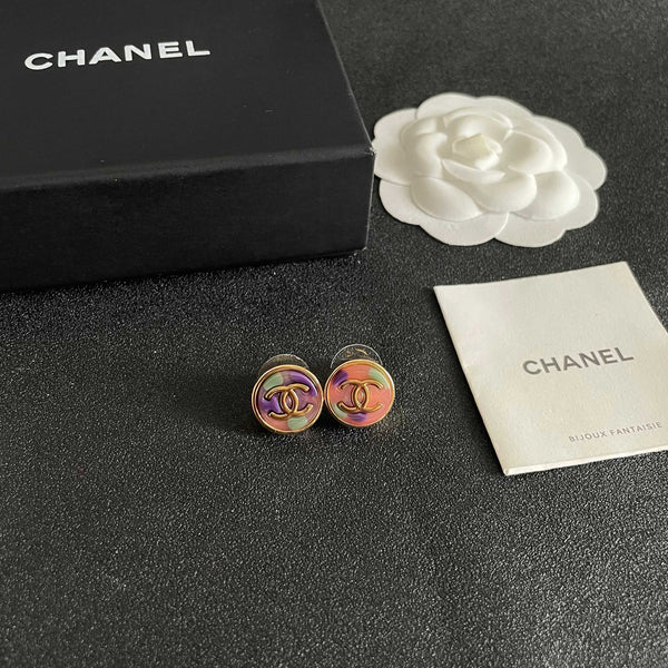 CC Round Stud Earrings Gold Multicolor Resin 659644