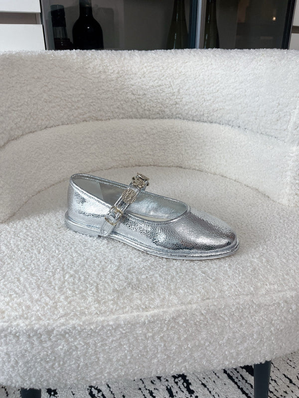CC 26A Charm Mary Jane Ballet Flats Silver Metallic Leather 900754