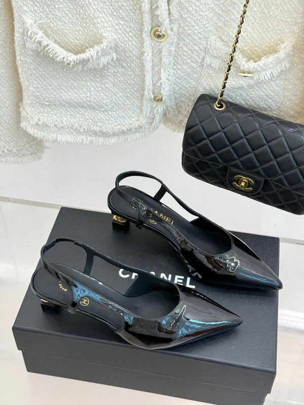 CC 26A Pointed Toe Slingback Pumps Black Patent Cowhide 904670