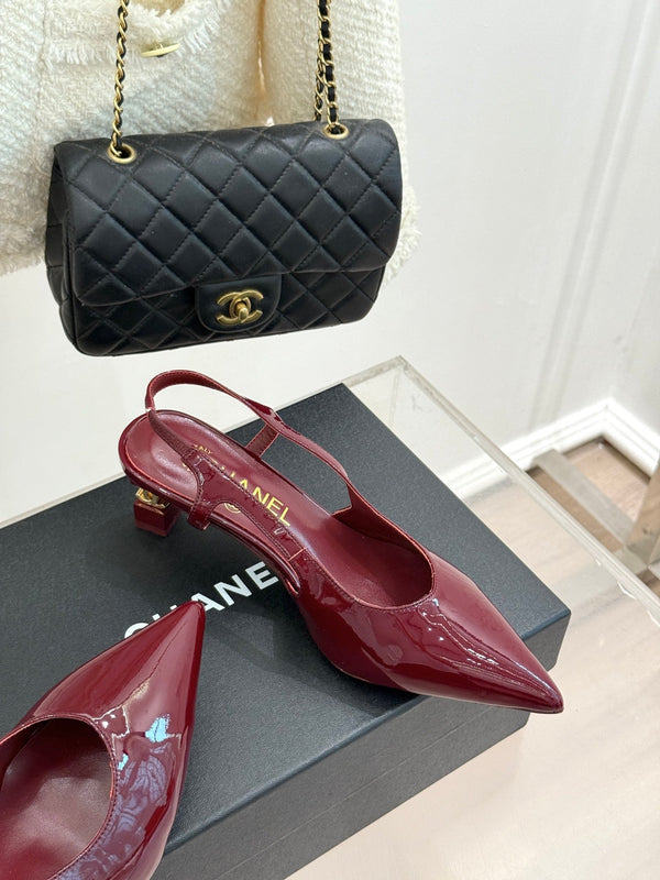 CC 26A Pointed Toe Slingback Pumps Burgundy Patent Cowhide 904667