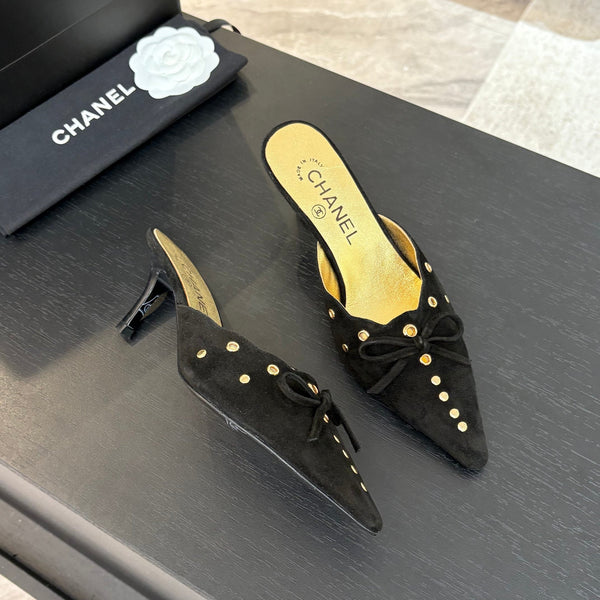 CC Grommet Bow Mules 6.5cm Black Suede Leather 912925