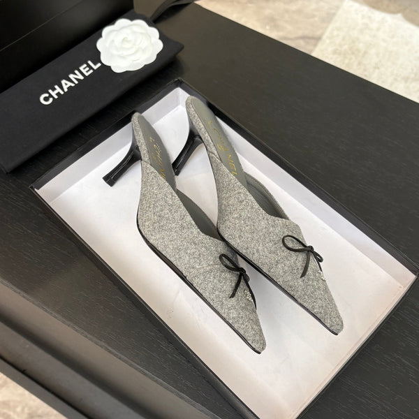 CC Bow Pointed Toe Mules 6.5cm Grey Tweed 912923