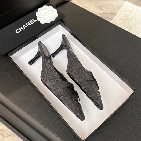 CC Bow Pointed Toe Mules 6.5cm Dark Grey Tweed 912922