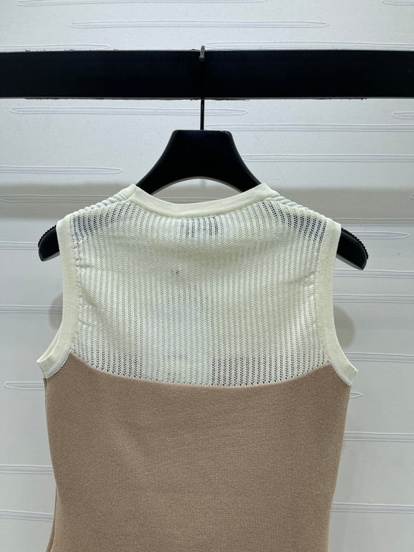 CC Crystal Camellia Tank Top Beige Brown Wool 406415